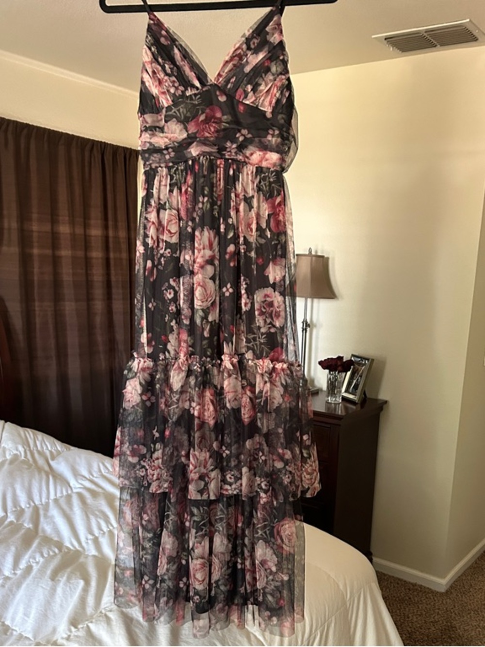 Lulu's Black Floral Tiered Mesh Maxi Dress with Pink Roses - Picture 4 of 15